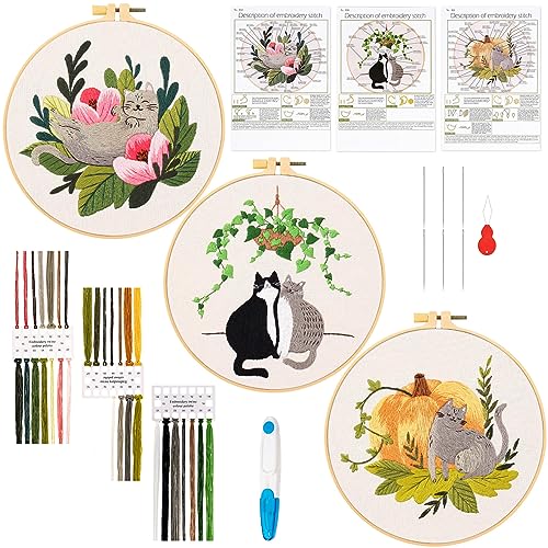 JSRQT 3 Stück Katze Stickerei Starter Kit, Sticken Set für Anfänger Erwachsene, Katze Gestempeltes Kreuzstich Stickset, Handsticksets mit Stickwerkzeugset inklusive Stickrahmen, Fäden und Nadeln von JSRQT