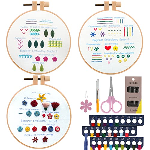 JSRQT 3 Stück Stich Praxis Stickerei Kit für Anfänger, Verschiedene Stiche Stickerei Set,Embroidery Stitch Practice Kit für DIY Kunst, Handwerk von JSRQT