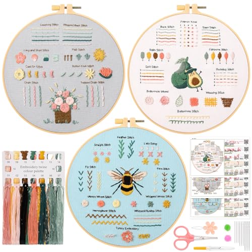 JSRQT 3 Stück Stickerei Kit für Anfänger, Verschiedene Stiche Stickerei Set,Stich Praxis Stickerei Kit für Erwachsene,Embroidery Stitch Practice Kit für DIY Kunst von JSRQT