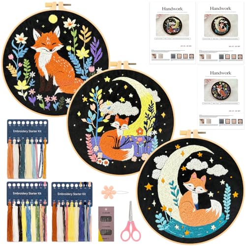 JSRQT 3 Stück Stickerei Set Fuchsmuster für Anfänger, Handgefertigtes Stickset für Erwachsene, Gestempeltem Kreuzstich Starterset mit Werkzeugset, Stickrahmen, Anleitung, Nadel und Garn von JSRQT