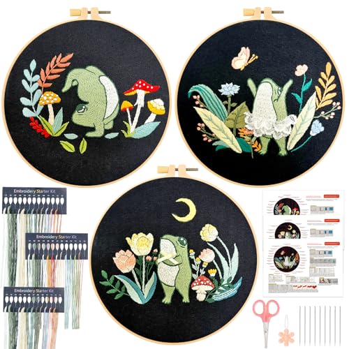 JSRQT 3 Stücke Frosch Stickerei Starter Kit,DIY Handgemachte Gestempeltes Stickerei Kreuzstich Set, Embroidery Starter Kit für Anfänger von JSRQT