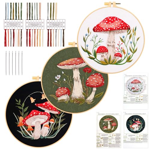 JSRQT 3 Stücke Pilz Stickerei Starter Kit für Erwachsene Anfänger,DIY Handgemachte Kreuzstich Set, Nadelspitzen-Stickset Embroidery Kit für Heimdekoration von JSRQT