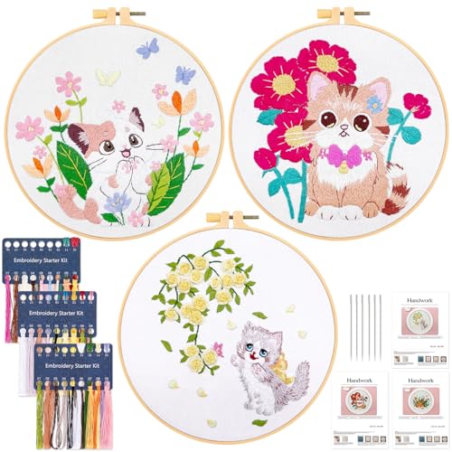 JSRQT 3 Stücke Stickerei Starter Kit mit Katzen und Blumen, Stickerei Kreuzstich Set Kit für Erwachsene Anfänger,Gestempelten Embroidery Set für DIY Kunst Handwerk JSRQT 3 Stücke Stickerei Starter Kit mit Katzen und Blumen, Stickerei Kreuzstich Set Kit für Erwachsene Anfänger,Gestempelten Embroidery Set für DIY Kunst Handwerk von JSRQT