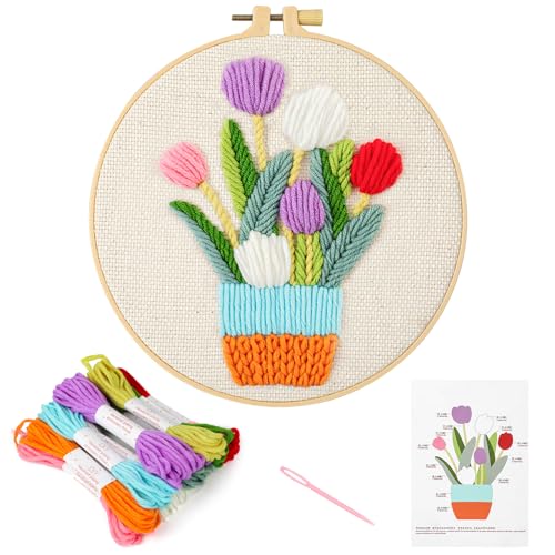 JSRQT 3D Stickerei Starter Sets, Nadelspitzen Stickerei Sets für Anfänger Erwachsene, Gestempelte Kreuzstich Starter Sets mit Blumenmuster, DIY Stanznadel Stickset mit Stickrahmen, Nadel und Fäden von JSRQT