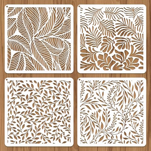 JSRQT 4 Stück Große Blattmuster Schichtung Schablonen zum Malen, Blatt Dekoration Zeichnung Malschablonen 30×30cm, Wiederverwendbar Kunststoff Schablonen Vorlagen für Leinwand Holz Glas Möbel Boden von JSRQT