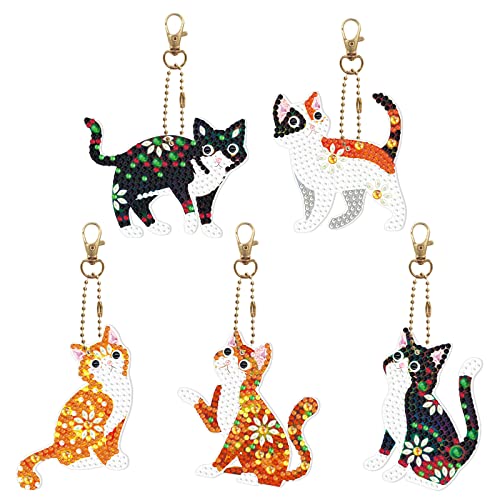 JSRQT 5 Stück DIY Katze Diamant Malerei Schlüsselbund,5D Diamond Art Painting Schlüsselanhänger,Doppelseitige Rhinestone Pasted Diamant Art keychain Stickerei Kunst Handwerk von JSRQT