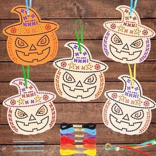 JSRQT 5 Stück Holz Kreuzstich Set Halloween Kürbis DIY Wooden Cross Stitch Kits für Kinder Anfänger Kreuzstich-Set Bastelsets Holznähen Basteln und Nähen Holzdekoration Sticken Prickelset Kinderkunst von JSRQT