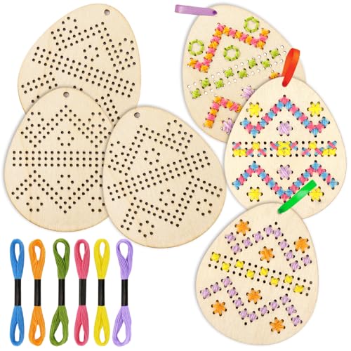 JSRQT 5 Stück Sticken Ostern Ostereier Wooden Cross Stitch Kits Stickbilder für DIY Holz Kreuzstich Set für Anfänger aus Holz Bastelsets Holznähen Stick Set von JSRQT