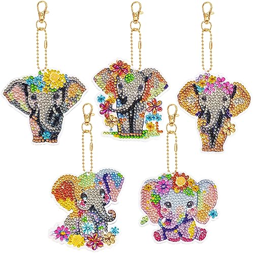 JSRQT 5 Stücke 5D DIY Diamond Art Painting Anhänger Elefant Stickerei Kunst Handwerk Doppelseitig Full Drill Diamond Art Painting Keychain für Handtasche Dekoration Diamant Malerei Schlüsselbund von JSRQT