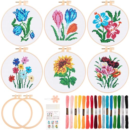 JSRQT 6 Stück Blumen Kreuzstich Set für Anfänger, Stickerei Set Erwachsene Handgefertigtes Nadelspitzen Stickset für Bastelfreunde mit Werkzeug, inklusive 2 Stickrahmen, Anleitung, Nadel und Garn von JSRQT