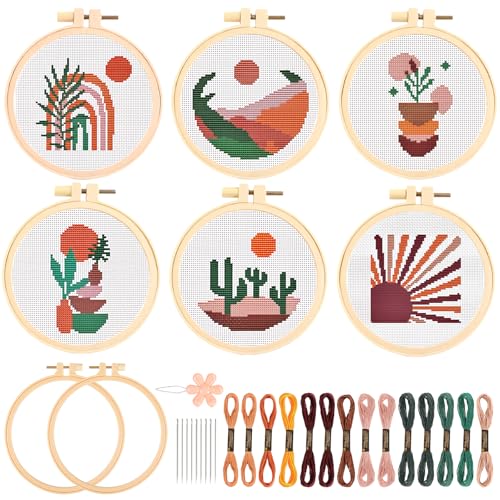 JSRQT 6 Stück Boho Landschafts Kreuzstich Set für Anfänger Erwachsene, Handgefertigtes Nadelspitzen Stickset für Bastelliebhaber, Stickerei Starter Set für Heimdekoration, mit 2 Stickrahmen, Werkzeug von JSRQT