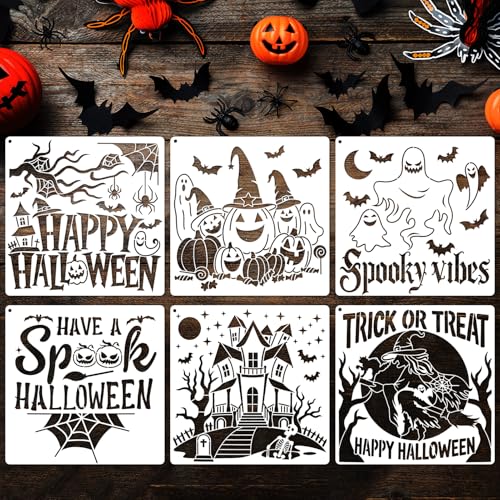 JSRQT 6 Stück Große Halloween Dekorations Schablonen, Wiederverwendbare Kürbisgeist Kunststoff Schablonen für Bastelarbeiten, Malschablonen Set zum Malen an Wänden, Holz, Leinwand, Partydekoration von JSRQT