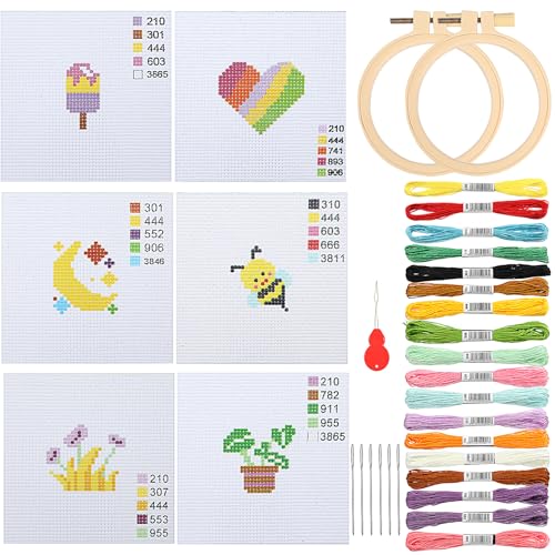 JSRQT 6 Stück Kreuzstich Anfänger Set für Kinder Verschiedene Embroidery Stitches Kits Gestempelten Sticksets für Erwachsene Cross Stitch Set für DIY Kunst Stickerei Starter Kit Nadeln und Nähen Tools von JSRQT