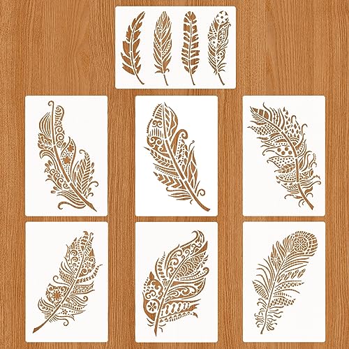 JSRQT 7 Stück Mandala Feather Painting Stencils Wiederverwendbar Schablonen Malen Vintage Stencils for Painting Waschbar Mandala-Feder Schablone DIY Scrapbooks Kunsthandwerk für Malerei Holz Wand Deko von JSRQT