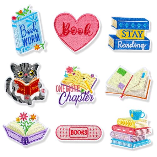 JSRQT 9 Stück Bügelflicken für Kleidung, Patch zum Aufbügeln mit Buchmotiv, Stickapplikationen Selbstklebende Aufkleber Stickflicken Flicken zum Aufnähen für T-Shirts, Mützen, Taschen, Jeans von JSRQT