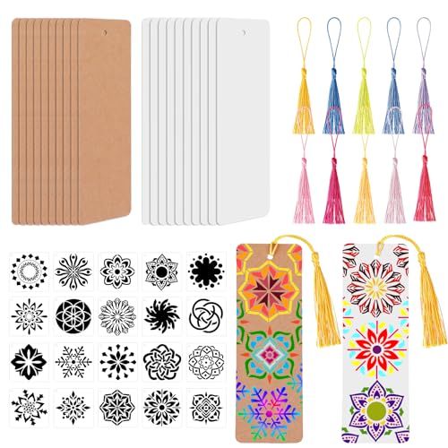 JSRQT Blanko Lesezeichen Set, Unbehandelte Lesezeichen Papier Karton, 20 Stück Blanko Etiketten in Weiß Braun, 20 Mandala Schablonen, 20 Quasten in Verschiedenen Farben, für DIY Bastelarbeiten von JSRQT