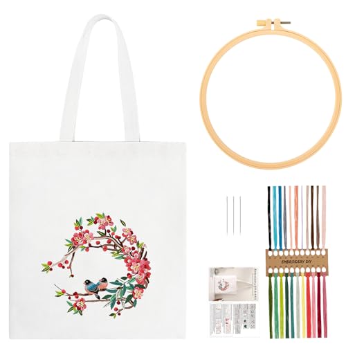 JSRQT Canvas Taschen Stickset für Anfänger Erwachsene, Gestempeltes Kreuzstich Starter Set mit Vogel Blumenmuster, Canvas Tote Bag Handnäh Stickerei inklusive Anleitung, Nadeln und Fäden, Weiß von JSRQT