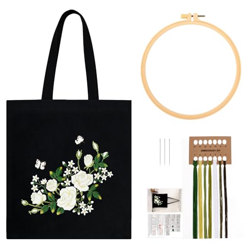 JSRQT Canvas Tote Bag Stickerei Set, Gestempeltes Kreuzstich-Starter-Set mit Weißem Rosenmuster, Canvas-Tragetasche-Sticken für Anfänger, Hand Sticken Tasche inklusive Nadeln und Fäden, Schwarz JSRQT Canvas Tote Bag Stickerei Set, Gestempeltes Kreuzstich-Starter-Set mit Weißem Rosenmuster, Canvas-Tragetasche-Sticken für Anfänger, Hand Sticken Tasche inklusive Nadeln und Fäden, Schwarz von JSRQT