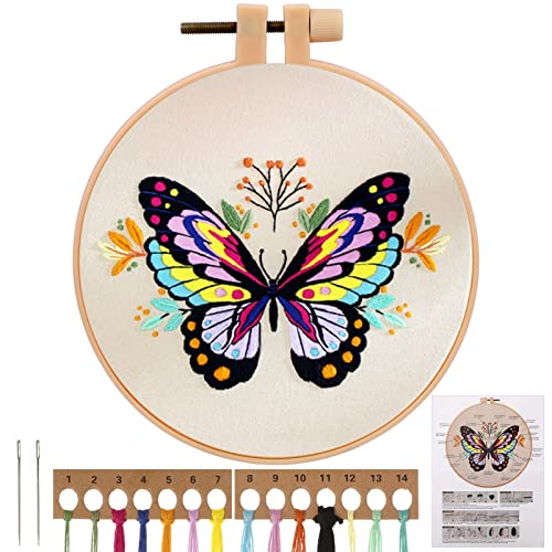 JSRQT DIY Schmetterling Gestempeltes Stickerei Kreuzstich Kit,Butterfly Embroidery Starter Kit,Anfänger Kreuzstich Stickerei Kit,DIY Nähen Handwerk Kunst von JSRQT