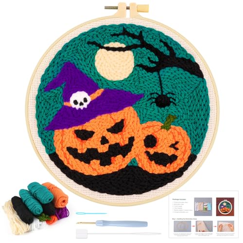 JSRQT Halloween Kürbis Punch Needle Stickerei Set Anfänger, Gestempeltes Kreuzstich Stanznadel Starter Set für Erwachsene, DIY Handgefertigtes Punch Needle Stickset, für Party und Heimdekoration von JSRQT
