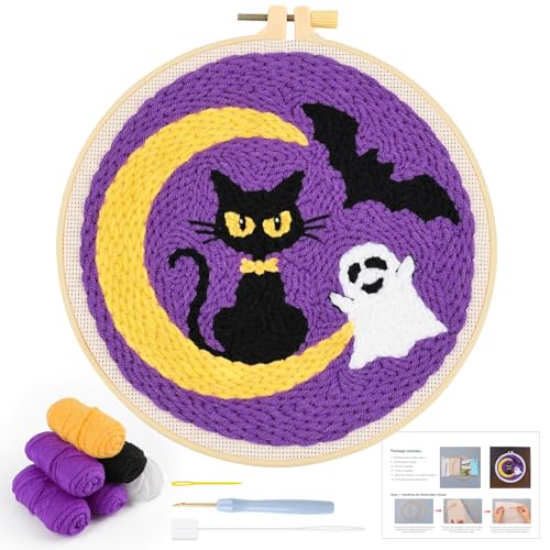 JSRQT Halloween Punch Needle Stickerei Set Anfänger, Gestempeltes Kreuzstich Set Punch Needle mit Schwarze Katze für Erwachsene, Handgefertigtes Stanznadel Starter Kit, für Party und Heimdekoration von JSRQT