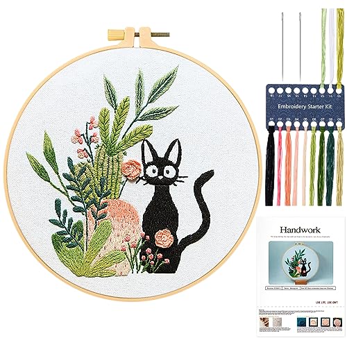 JSRQT Katzen Stickset mit Kaktus Blatt Muster, Stickerei Starter Kit für Anfänger, Kreuzstichset Handgemachtes Stickset für Erwachsene, Katze Nadelspitzen-Stickset für Damen Mädchen, Heimdekoration von JSRQT