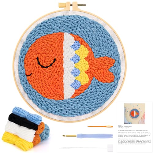 JSRQT Kit Punch Needle Debutant Fisch Stanznadel Stickerei Starter Kit mit Instruction Stanznadelstoff Muster Set Embroidery Starter Kits Basteln DIY Stanznadel Stickrahmen Kit für Kinder Erwachsene von JSRQT