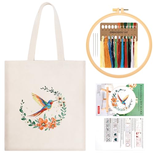 JSRQT Kolibri Canvas Tote Bag Stickerei Set, Blumen Gestempeltes Kreuzstich Starterset für Anfänger Erwachsene, Tasche Handgefertigte Stickset Basteln mit Werkzeug, Anleitung, Nadel und Faden, Beige JSRQT Kolibri Canvas Tote Bag Stickerei Set, Blumen Gestempeltes Kreuzstich Starterset für Anfänger Erwachsene, Tasche Handgefertigte Stickset Basteln mit Werkzeug, Anleitung, Nadel und Faden, Beige von JSRQT