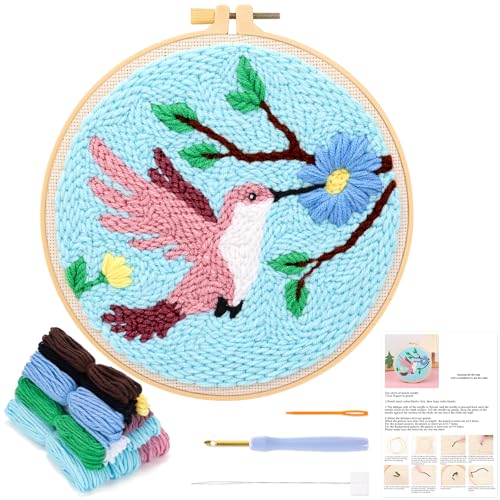JSRQT Kolibri Punch Needle Kit für Anfänger, Stanznadel Stickerei Starter Kit für Erwachsene Kinder, DIY Craft Kreuzstichset Handgefertigtes Punch Needle Stickset mit Werkzeug für Heimdekoration von JSRQT