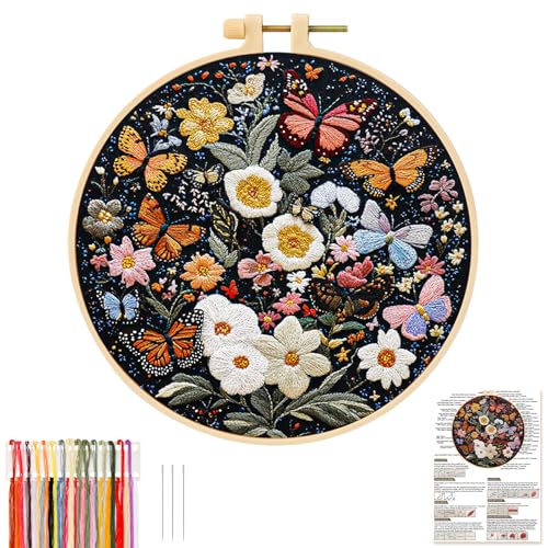 JSRQT Kreuzstich Kit Schmetterling Sticken Stickerei Set Erwachsene Anfänger Butterfly Blumen Embroidery Stickset DIY Handgemachte Starter Tools Kunstprojekt Bastelset Farbfäden und Werkzeuge Handwerk von JSRQT