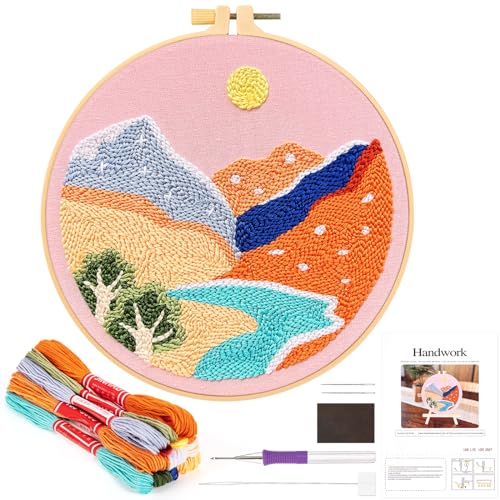 JSRQT Landschaft Punch Needle Stickerei Starter Kit, Punch Needle Starter Kit für Anfänger Erwachsene und Kinder mit Landschaftsmuster, DIY Kunst Handwerk Stickset mit Stickrahmen, Nadeln und Fäden von JSRQT