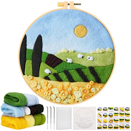 JSRQT Nadelfilzset für Anfänger, Nadelfilz-Malset inklusive Wollstoff mit Landschaftsmuster, Wolle, Stickrahmen, Filznadeln, Nadelfilz Schaumstoff Pad, Nadelfilz Starter Kit für DIY Heimdekoration von JSRQT
