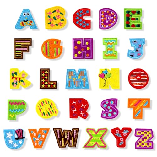 JSRQT Patch Buchstaben zum Aufbügeln, 26 Stück Bunte Niedliche Kleine Alphabet Aufnäher A-Z Stickapplikationen, Selbstklebende Buchstaben Sticker zum Aufbügeln für Kleidung, Hüte, Taschen, Jeans von JSRQT
