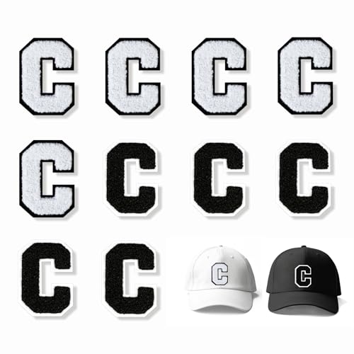 JSRQT Patches zum Aufbügeln Buchstabe C, 10 Stück Schwarz Weißes Alphabet zum Aufnähen Stickapplikation 7 cm, Selbstklebender Buchstaben Stickflicken Dekorieren für Kleidung, Hüte, Taschen, Jeans von JSRQT