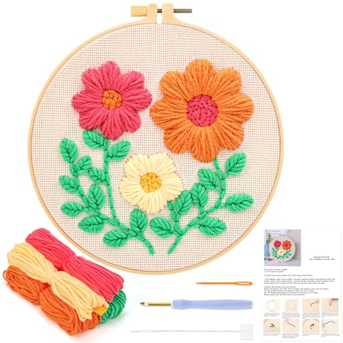JSRQT Punch Needle Set Anfänger Blumenmuster Stanznadel Stickerei Starter Kit für Kinder Erwachsene Kit Punch Needle Debutant Stanznadelstoff Muster Set Embroidery Starter Kits Basteln Geschenk von JSRQT