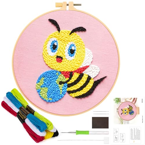 JSRQT Punch Needle Stickerei Set für Anfänger,Biene Stanznadel Stickerei Starter Kit,Starter Stanznadelstoff Muster Set, Einfädler-Werkzeug für Stanznadel JSRQT Punch Needle Stickerei Set für Anfänger,Biene Stanznadel Stickerei Starter Kit,Starter Stanznadelstoff Muster Set, Einfädler-Werkzeug für Stanznadel von JSRQT
