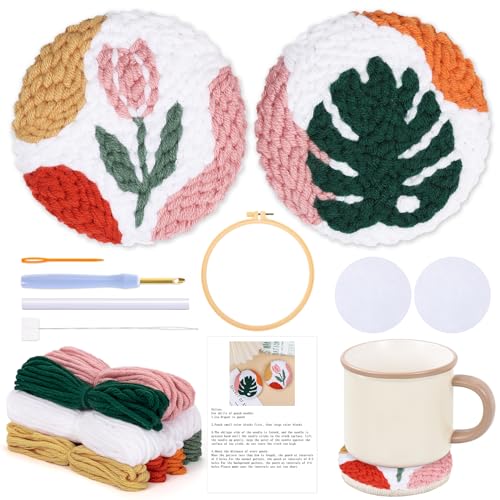 JSRQT Punch Needle Untersetzer Kits, 2 Stück Blume Blatt Punch Needle Stickerei Starter Kit, DIY Stanznadel Set Anfänger für Erwachsene und Kinder, Punch Needle Kit mit Stickrahmen, Nadel und Fäden von JSRQT