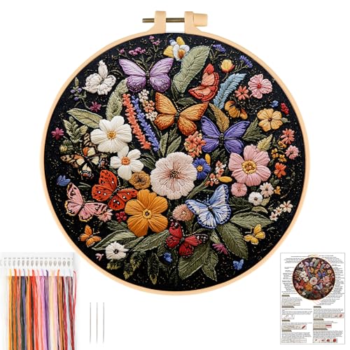 JSRQT Schmetterling Stickerei Starter Kit,DIY Blume Handgemachte Gestempeltes Kreuzstich Set, Embroidery Kit für Anfänger Erwachsene von JSRQT