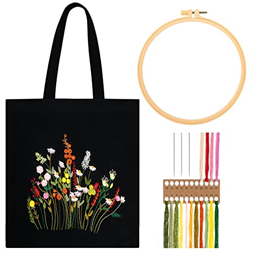 JSRQT Schwarze Canvas Tote Bag Stickset, Stickerei Kit für Anfänger Erwachsene, Handstickerei Kit Canvas Tasche für Bastelliebhaber Bambus Stickrahmen und stoffbeutel Bedruckt Blumenmuster von JSRQT