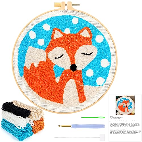 JSRQT Stanznadel Stickerei Starter Kit Fuchs Punch Needle Debutant für Anfänger Punch Needle Embroidery Starter Kit Broderie Debutant mit Instruction Stanznadelstoff Muster Set für Kinder Erwachsene von JSRQT