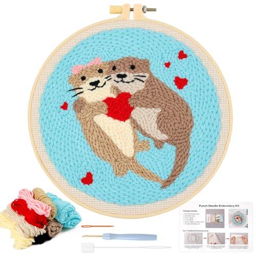 JSRQT Stanznadel Stickerei Starter Kit für Anfänger Punch Needle Set mit Otter Muster Embroidery Broderie Sticken Debutant Adult DIY Handarbeit Stanznadelstoff Basteln Geschenk Stickrahmen von JSRQT