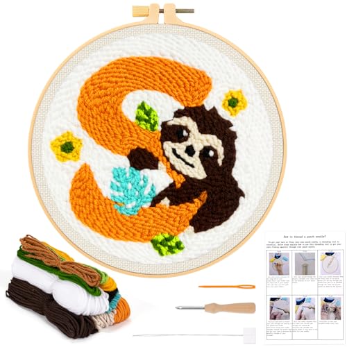 JSRQT Stanznadel Stickerei Starter Kit Faultier Punch Needle Anfangsbuchstaben Initiale S Embroidery Sticken Broderie für Anfänger Debutant Adult Handarbeit Stanznadelstoff Muster DIY Buchstabe von JSRQT