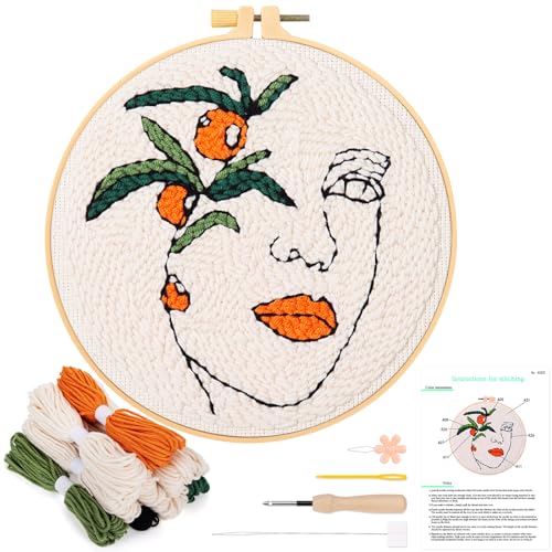 JSRQT Stanznadel-Stickerei-Starter-Kits mit Frauen und Blumenmuster, DIY Handcraft Punch Needle Embroidery Kit Sticksets für Anfänger Erwachsene, Nadelstanz Sticken Set mit Werkzeugset und Anleitung von JSRQT