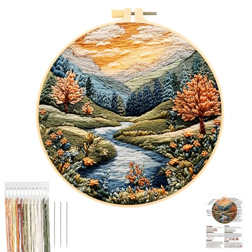 JSRQT Stickerei Starter Kit für Erwachsene Anfänger,Handgemachtes Kreuzstich Stickerei Kit,Nadelspitzen-Stickset für Heimdekoration (Natur Landschaft 1) von JSRQT