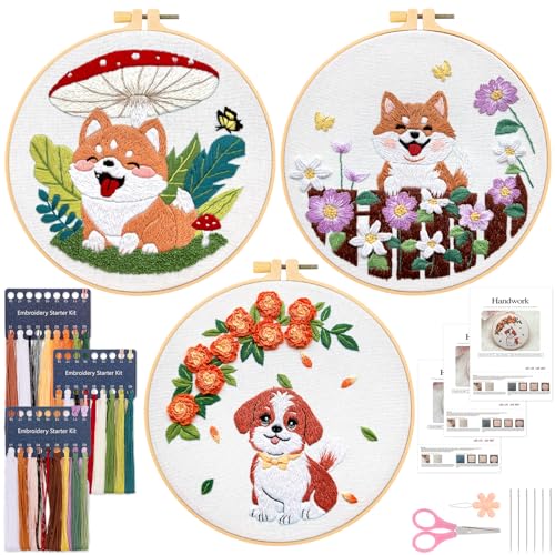 JSRQT Stickerei Starter Set Anfänger Erwachsene, Welpe Gestempeltes Kreuzstich Starter Set mit Blumenmuster für Bastelfreunde, Handgefertigte Nadelspitzen Stickerei mit Werkzeug für Heimdekoration von JSRQT