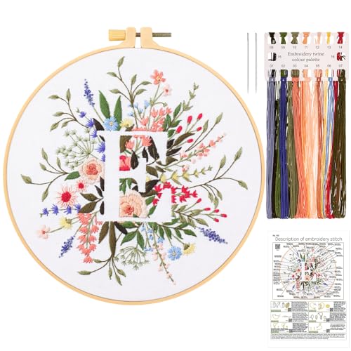 JSRQT Stickerei Starter Set Buchstabe E, Blumen Stickset Anfänger für Erwachsene, Handgefertigtes Kreuzstich Stickset mit Stickwerkzeug, einschließlich Stickrahmen Nadel und Fäden, für Heimdekoration von JSRQT