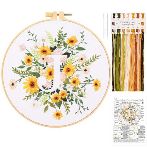 JSRQT Stickerei Starter Set Buchstabe J, Blumen Stickset Anfänger für Erwachsene, Handgefertigtes Kreuzstich Stickset mit Stickwerkzeug, einschließlich Stickrahmen Nadel und Fäden, für Heimdekoration von JSRQT