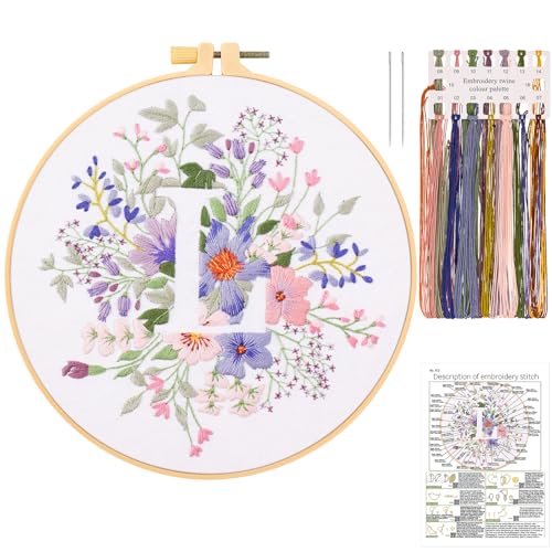 JSRQT Stickerei Starter Set Buchstabe L, Blumen Stickset Anfänger für Erwachsene, Handgefertigtes Kreuzstich Stickset mit Stickwerkzeug, einschließlich Stickrahmen Nadel und Fäden, für Heimdekoration von JSRQT