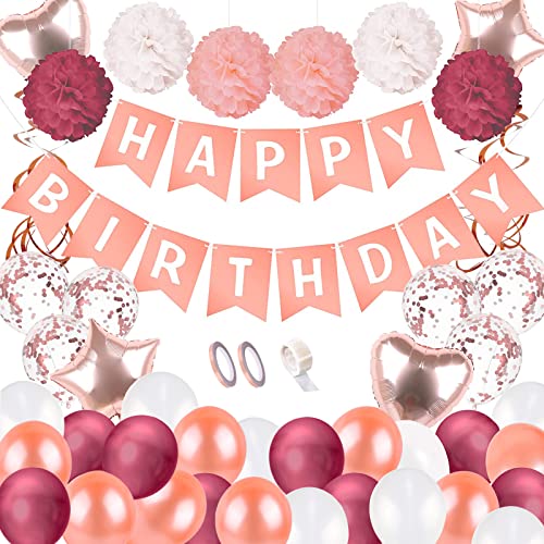 JSTC Geburtstagsdeko Frauen Mädchen, Happy Birthday Girlande, Party Deko Geburtstag Frau, Deko Kindergeburtstag, Inkl. Pompoms | Luftballons | Banner | Folienballon | Spiralen. von JSTC