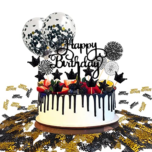 JSTC Tortendeko Cake Topper Geburtstag, Happy Birthday Kuchendeko Schwarz 18 Stück Geburstagstorte Deko mit Sternen Liebe Konfetti-Luftballons und Papierfächer für Mann Kindergeburtstag.… von JSTC